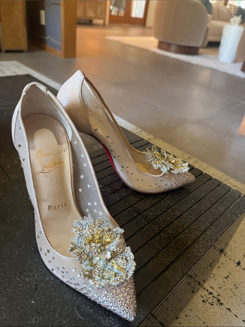 Christian Louboutin Nude/Ivory Jeweled Pointed Toe Pumps